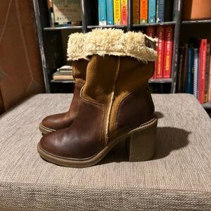 Faux-Fur Trim Brown Leather & Suede Block-Heel Ankle Boots